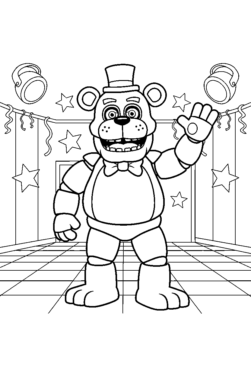 fnaf freddy fazbear animatronic making a friendly pose in a colorful entertainment hall line art