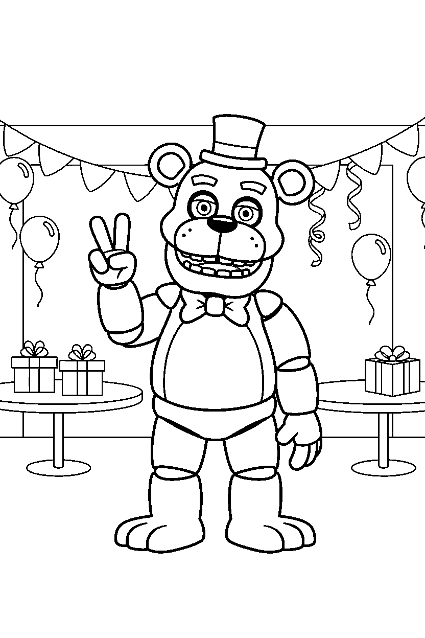 fnaf freddy fazbear animatronic making a peace sign inside a cartoon party hall line art