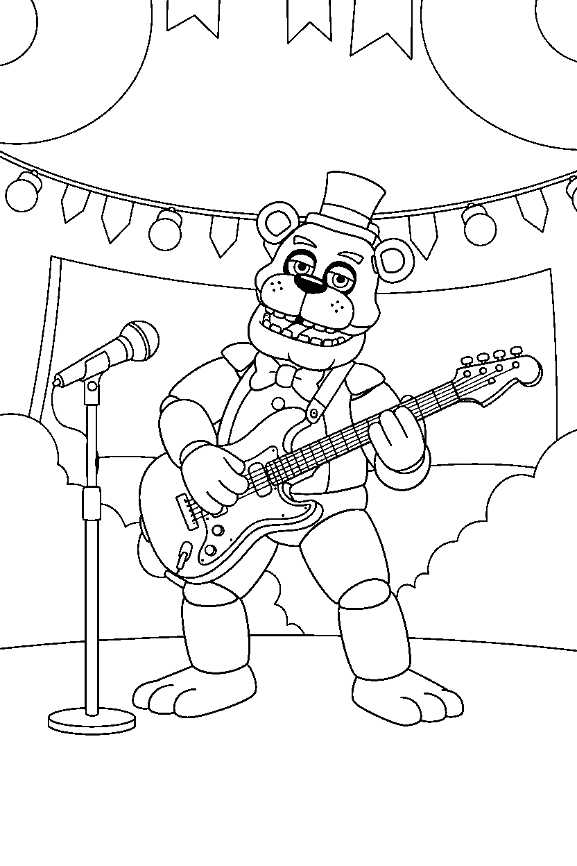 fnaf freddy fazbear animatronic playing guitar in a colorful entertainment hall line art