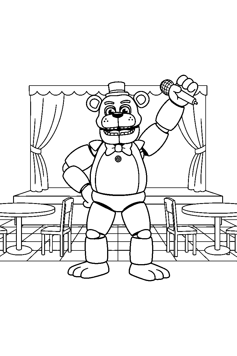 fnaf freddy fazbear animatronic posing heroically in a family restaurant line art