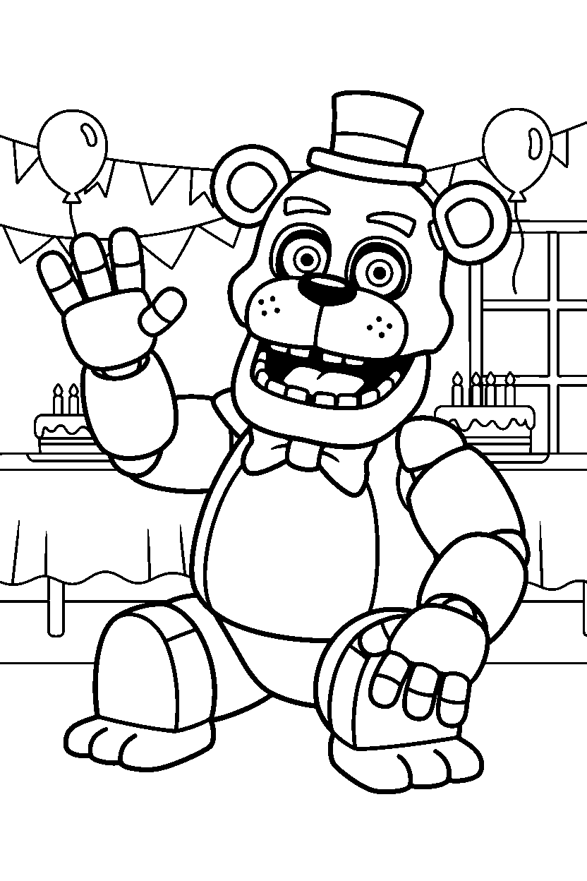 fnaf freddy fazbear animatronic sitting and smiling in a bright party room line art