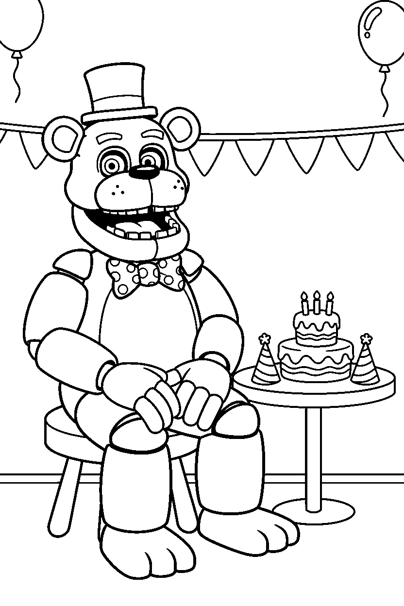 fnaf freddy fazbear animatronic sitting and smiling in a festive event room line art