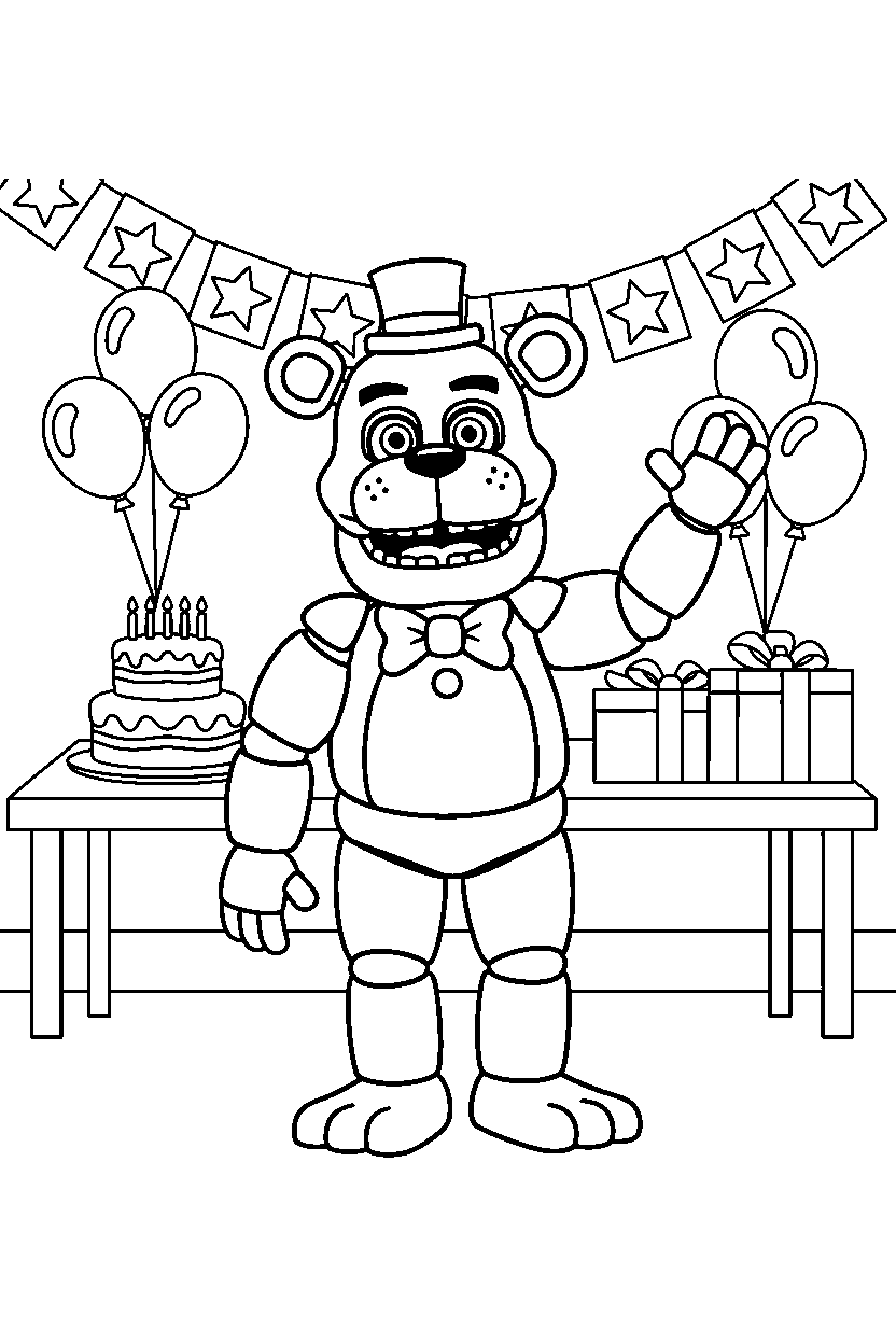 fnaf freddy fazbear animatronic standing and waving in a decorated party room line art