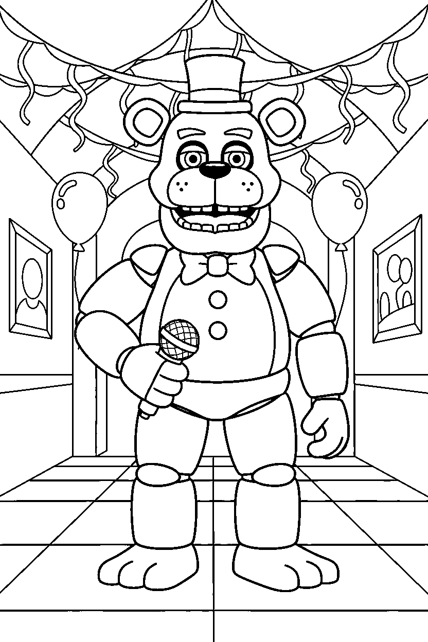 fnaf freddy fazbear animatronic standing confidently inside a decorated hall line art