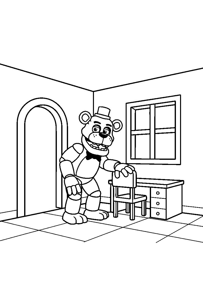 fnaf freddy fazbear exploring in corner room line art