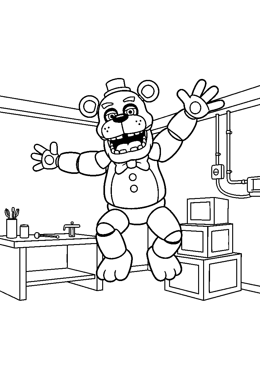 fnaf freddy fazbear jumping in maintenance room line art