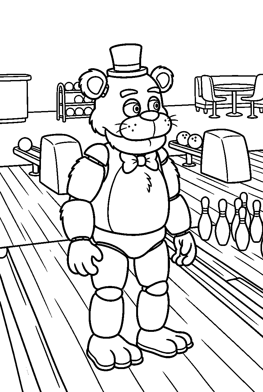 fnaf freddy fazbear looking around in bowling alley line art