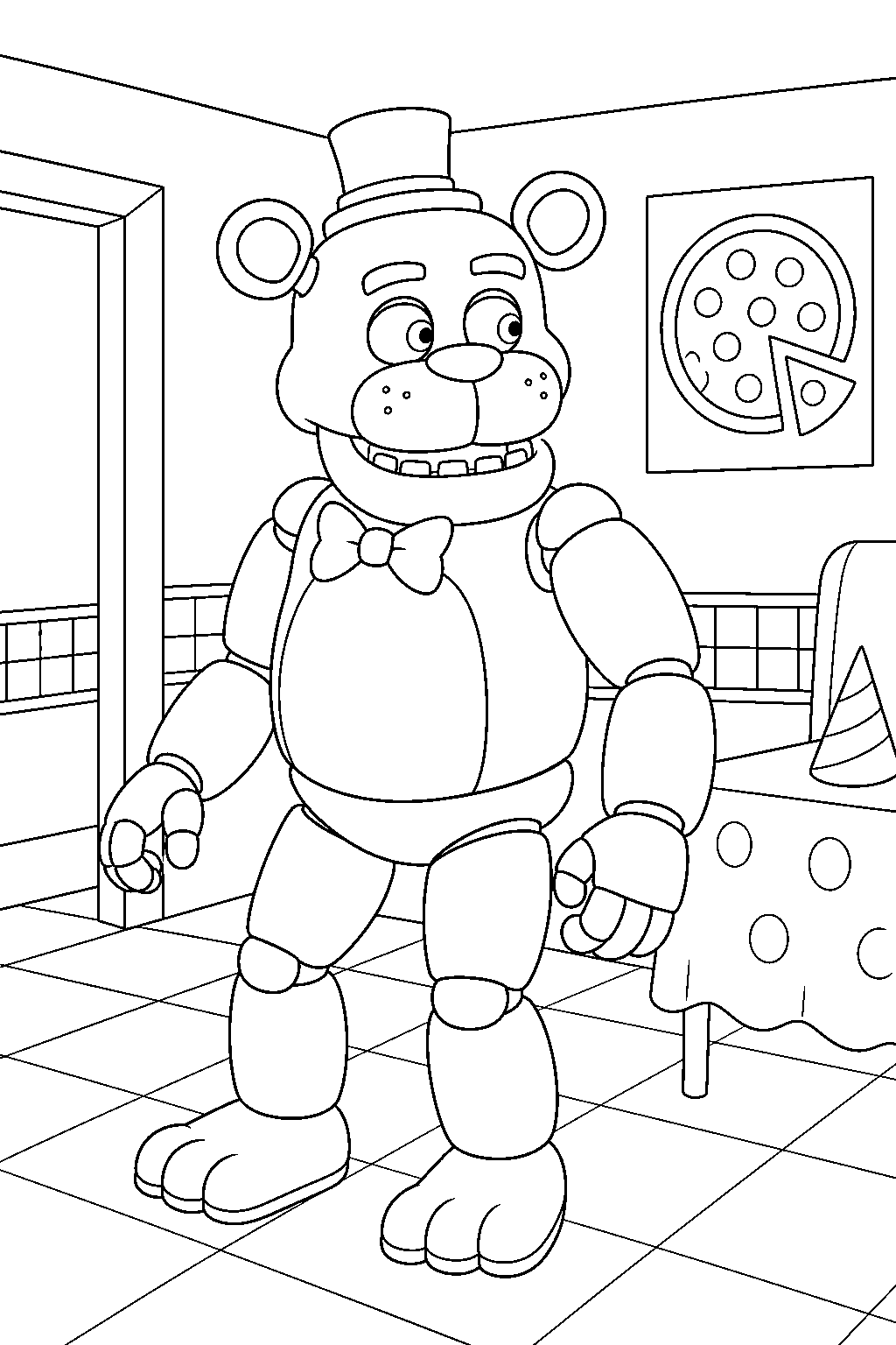 fnaf freddy fazbear looking around in pizzeria line art