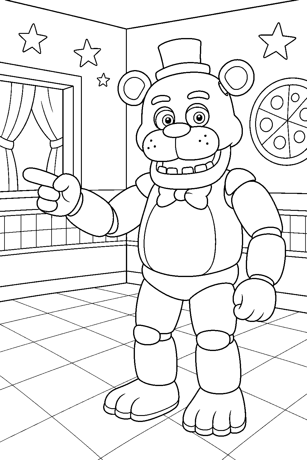 fnaf freddy fazbear pointing in game room line art
