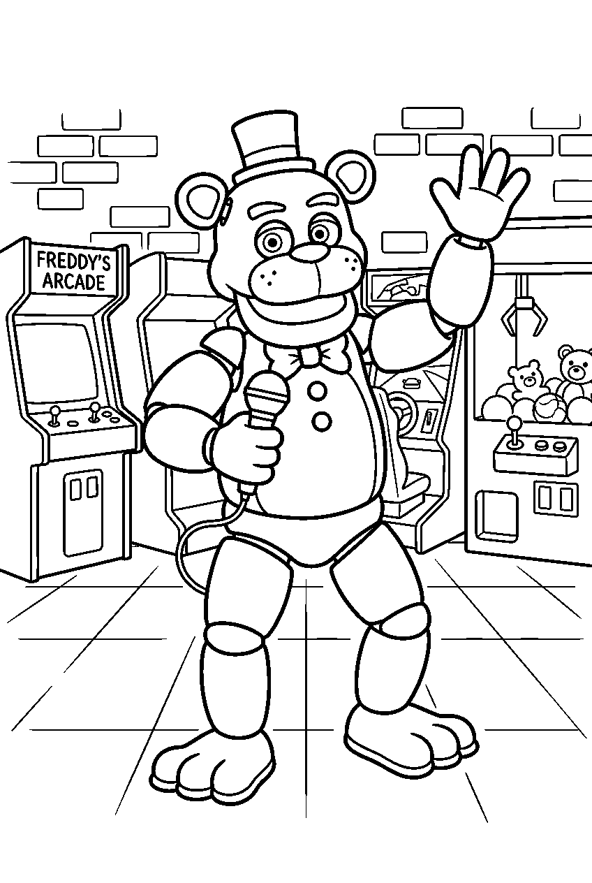 fnaf freddy fazbear posing in arcade room line art
