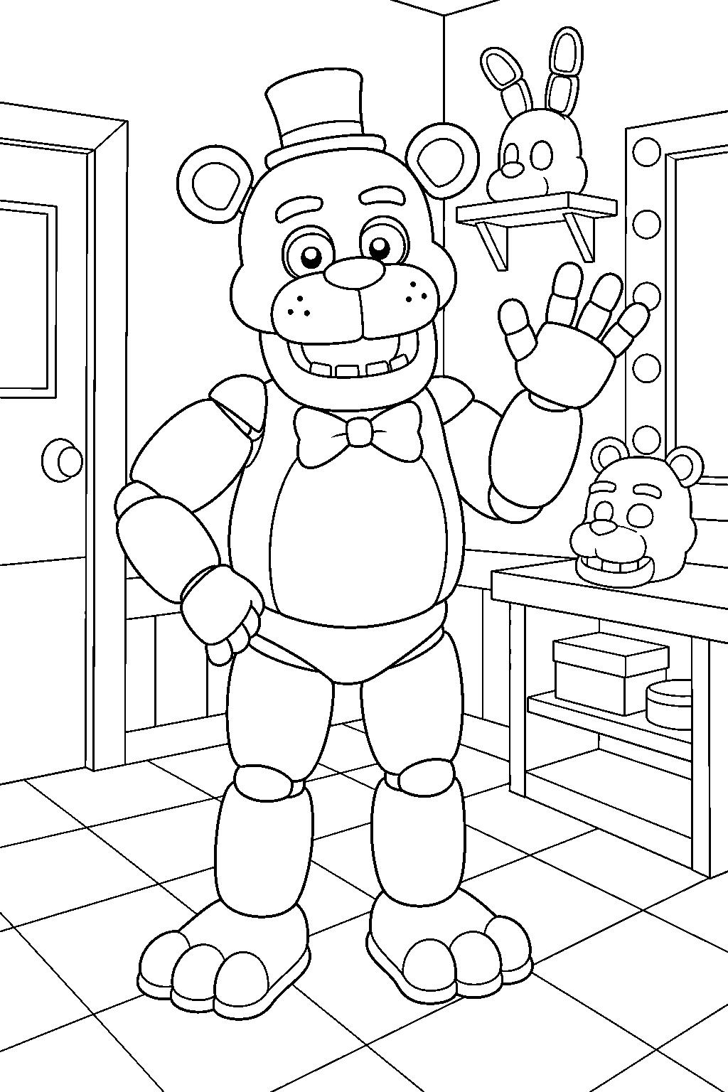 fnaf freddy fazbear posing in backstage room line art