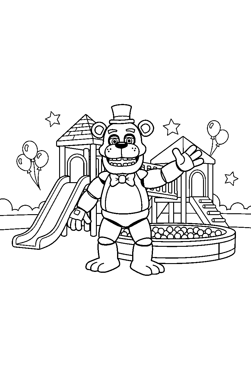 fnaf freddy fazbear posing in indoor playground line art