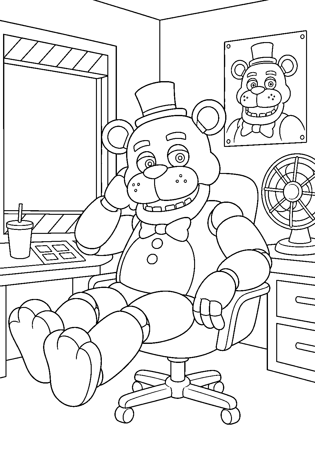 fnaf freddy fazbear resting in security office line art