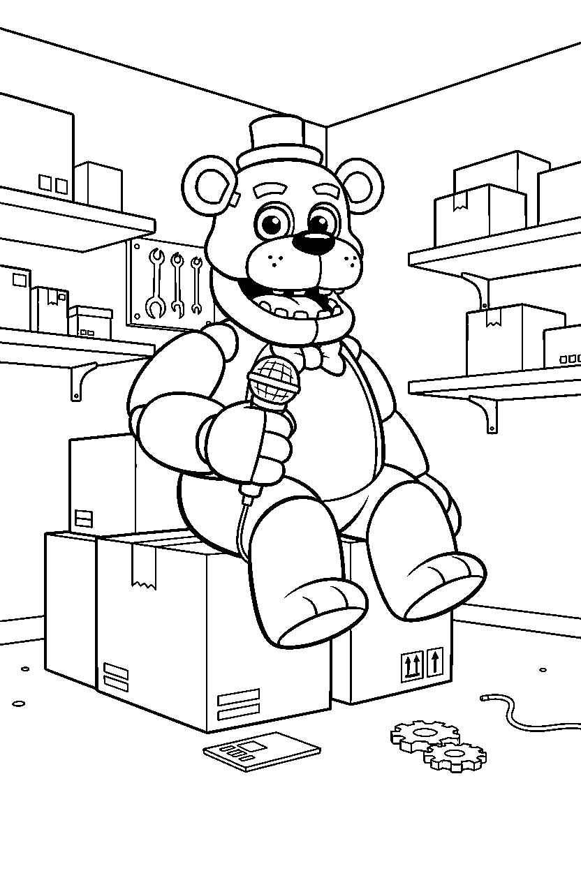 fnaf freddy fazbear sitting in supply room line art