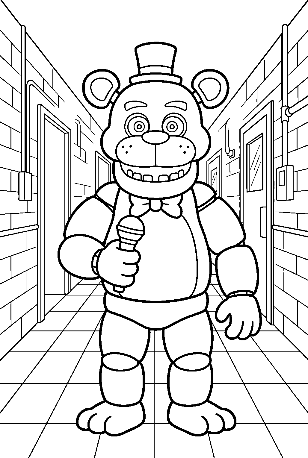 fnaf freddy fazbear smiling in dark hallway line art