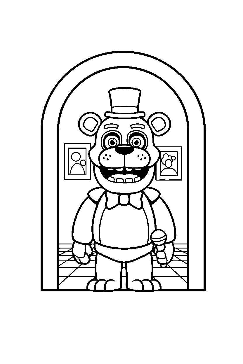 fnaf freddy fazbear smiling in doorway line art