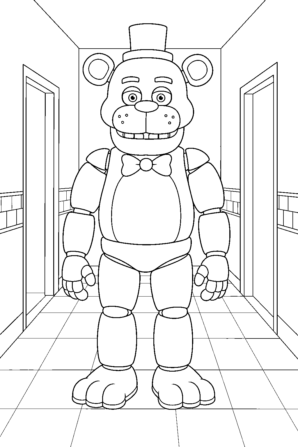 fnaf freddy fazbear standing calmly in dark hallway line art