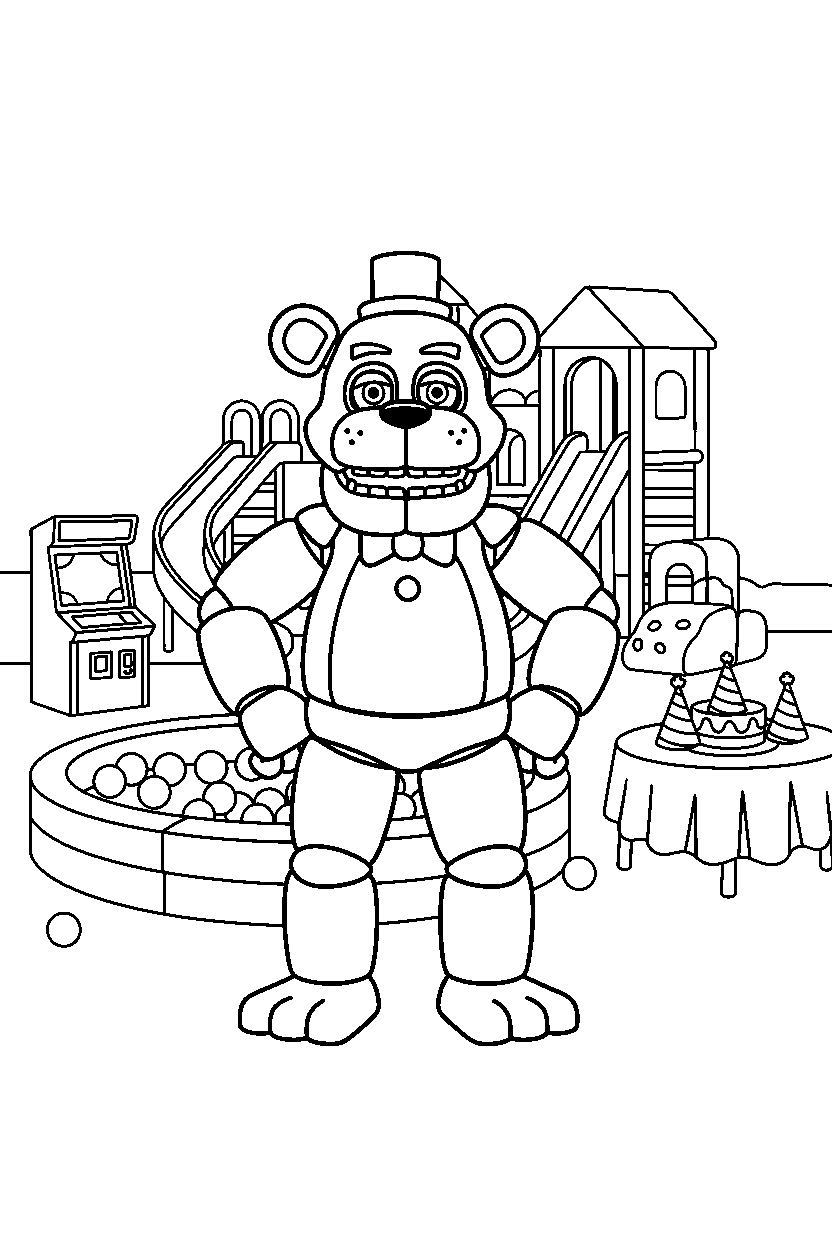 fnaf freddy fazbear standing confidently in indoor playground line art