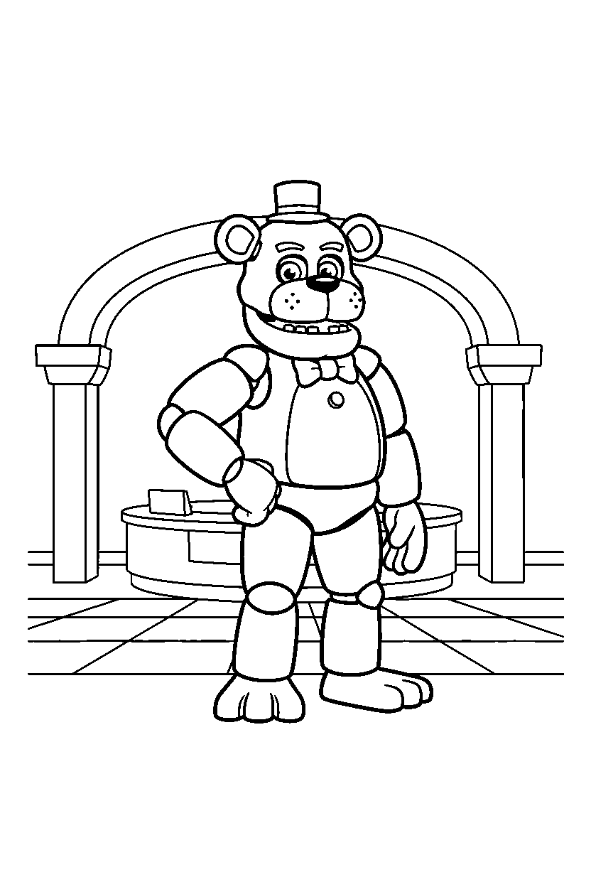 fnaf freddy fazbear standing confidently in lobby line art