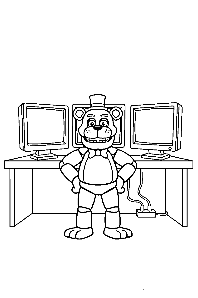 fnaf freddy fazbear standing confidently in monitor room line art