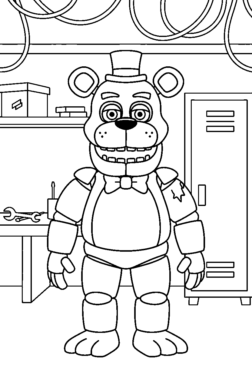 fnaf freddy fazbear standing in maintenance room line art
