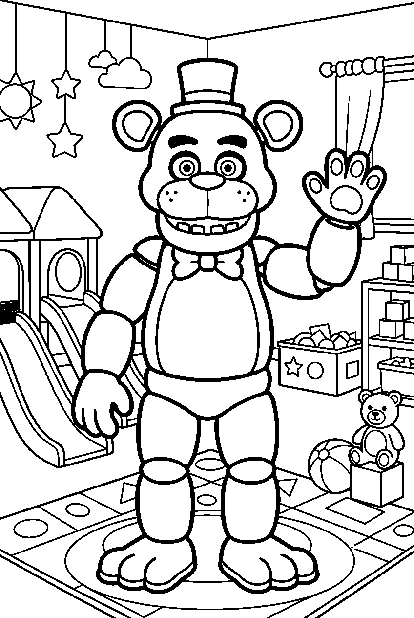 fnaf freddy fazbear waving in daycare play area line art