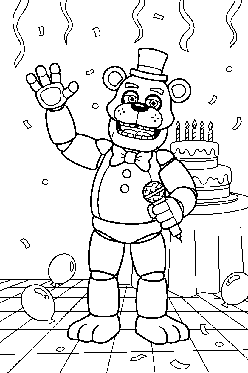 fnaf freddy fazbear waving on party floor line art