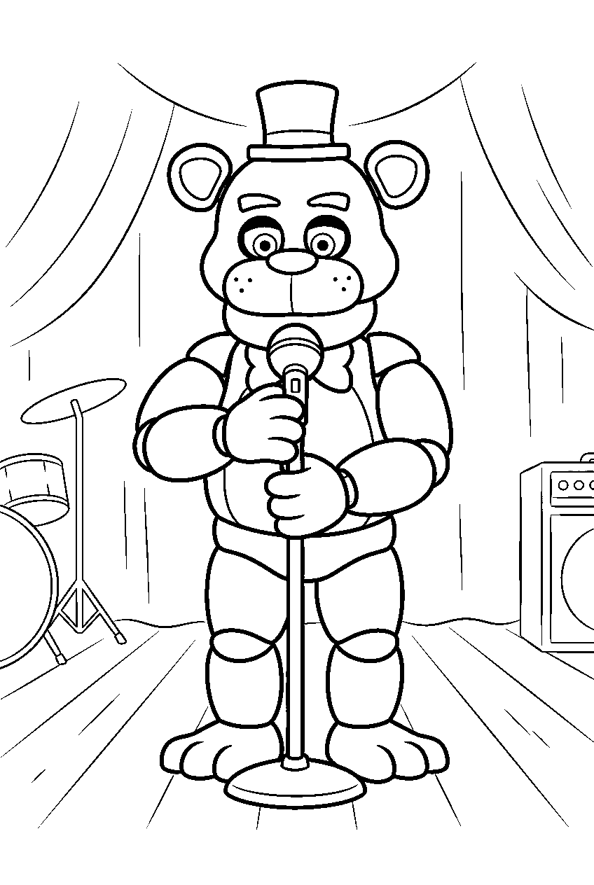freddy fazbear adjusting the microphone stand at the front of the pizzeria stage line art