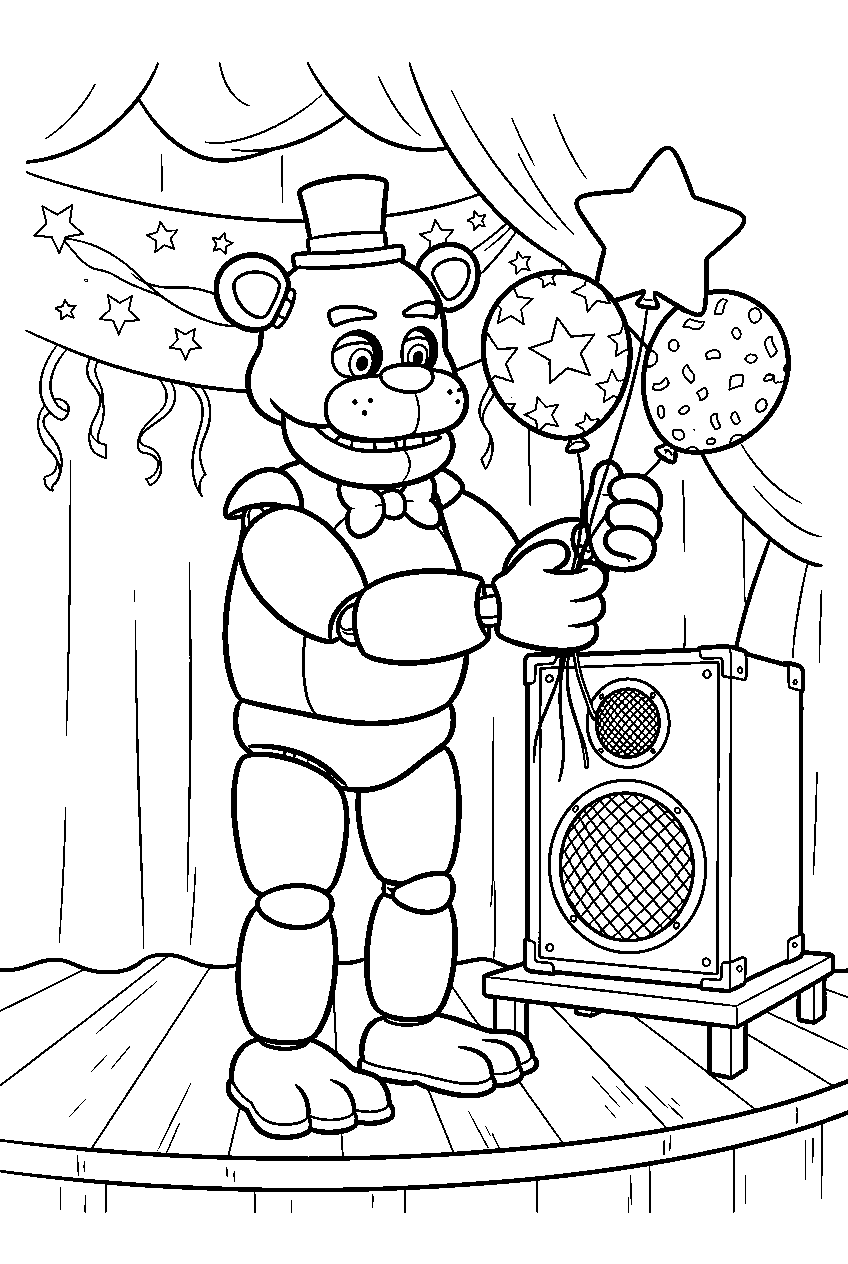 freddy fazbear arranging three balloons beside a speaker on the decorated party stage line art