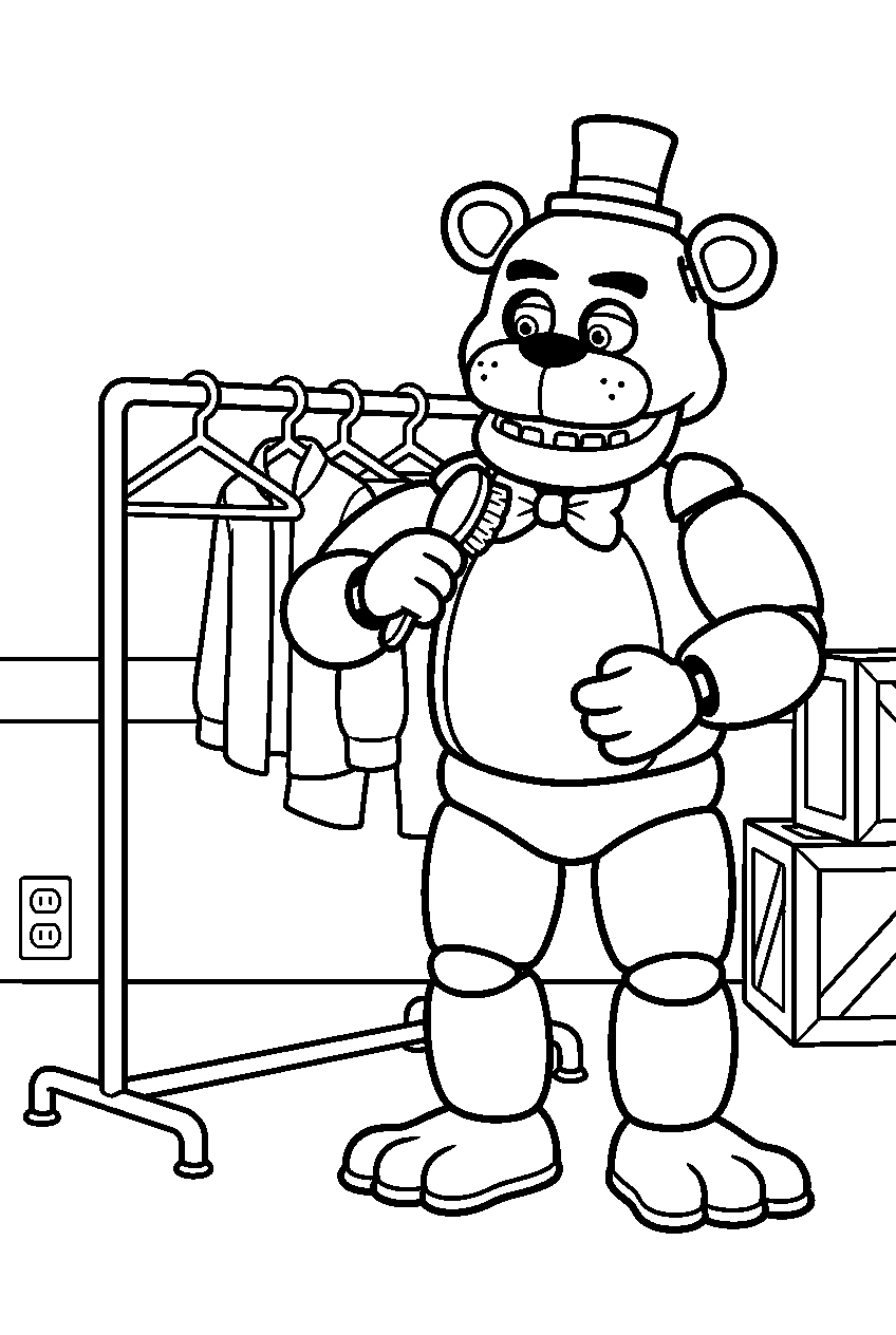 freddy fazbear brushing his bow tie beside a costume rack in the backstage room line art