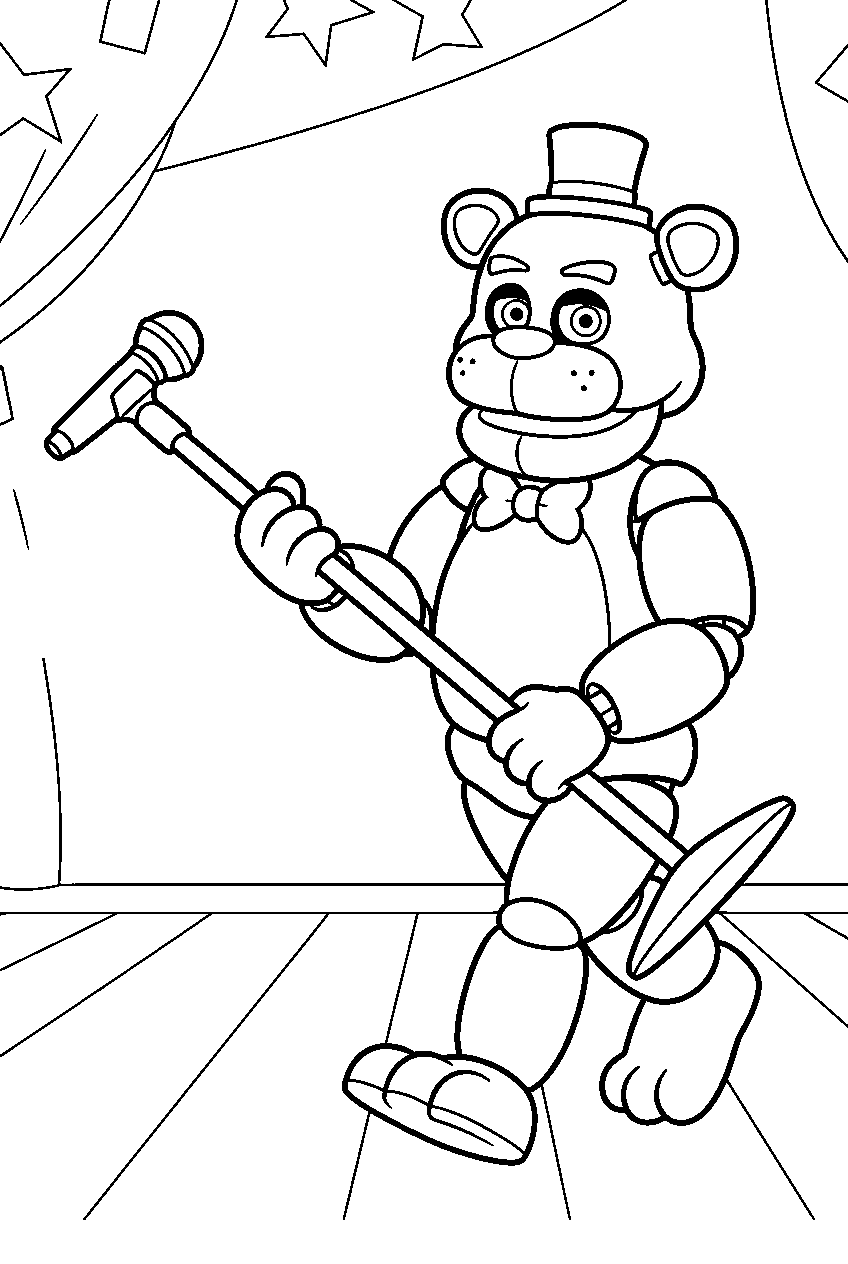 freddy fazbear carrying a microphone stand toward the center of the performance stage line art