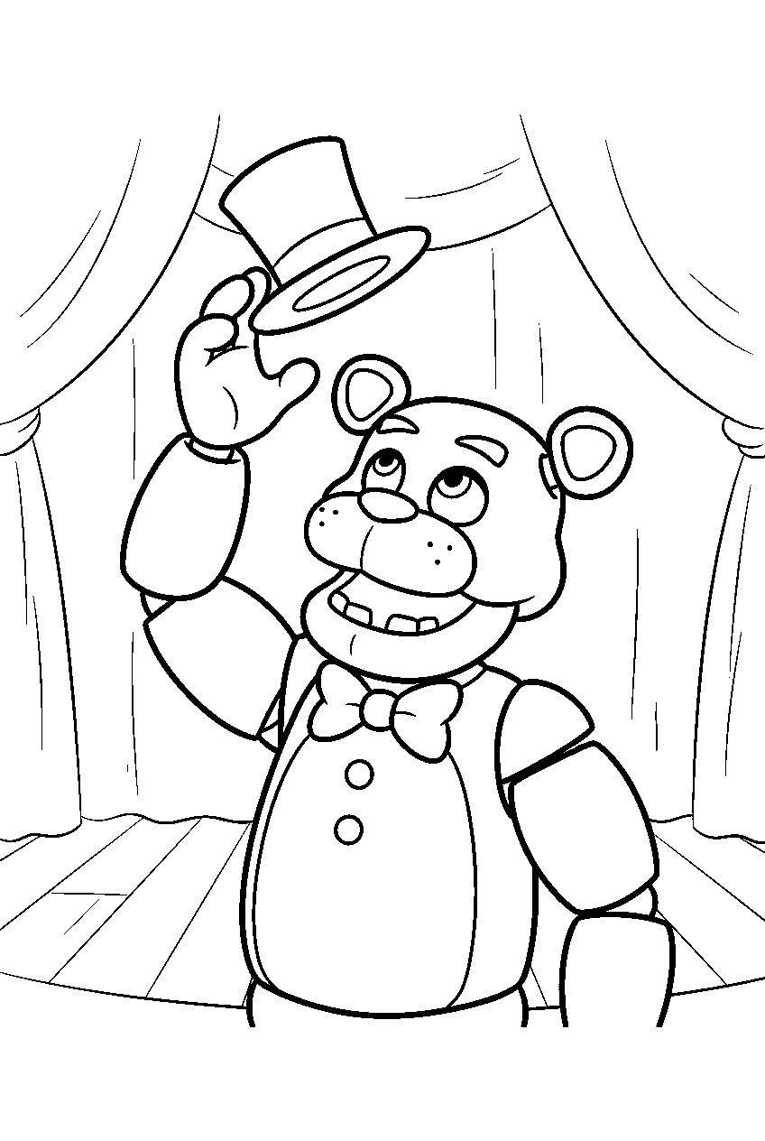 freddy fazbear catching his top hat after a playful toss on the rehearsal stage line art
