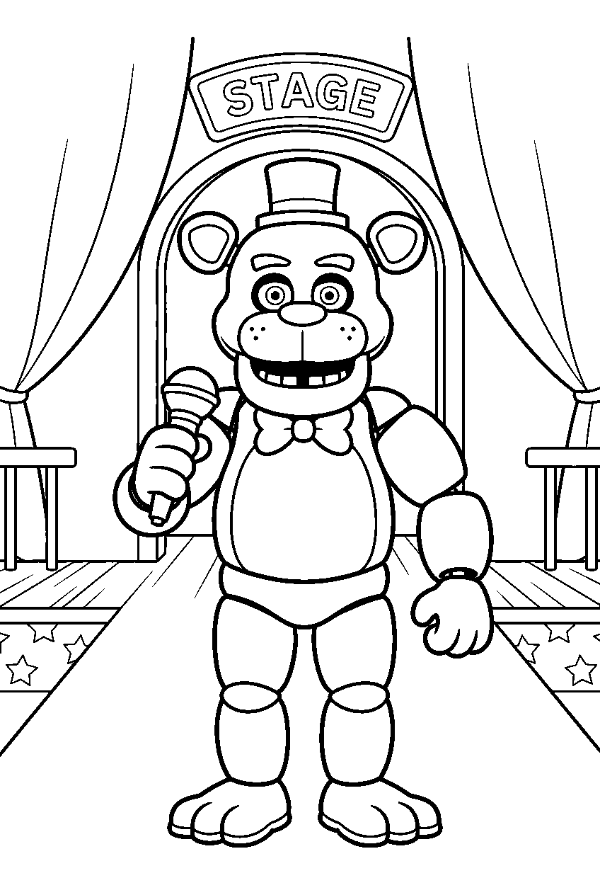 freddy fazbear greeting guests with his microphone at the main stage entrance line art