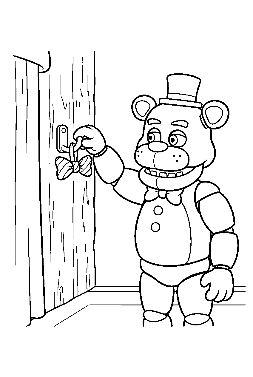 freddy fazbear hanging his bow tie on a costume hook after leaving the main stage line art