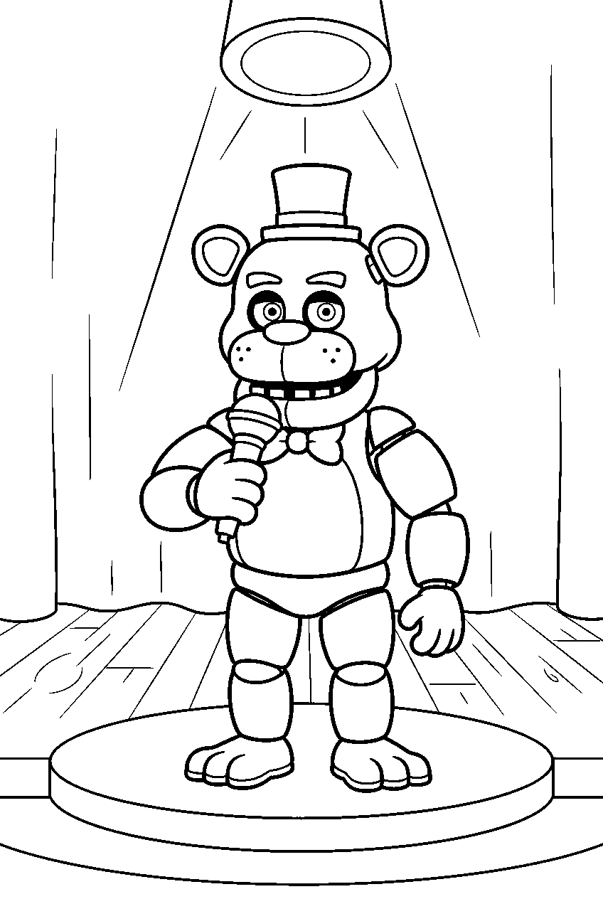 freddy fazbear holding his microphone beneath a round spotlight on the main stage line art