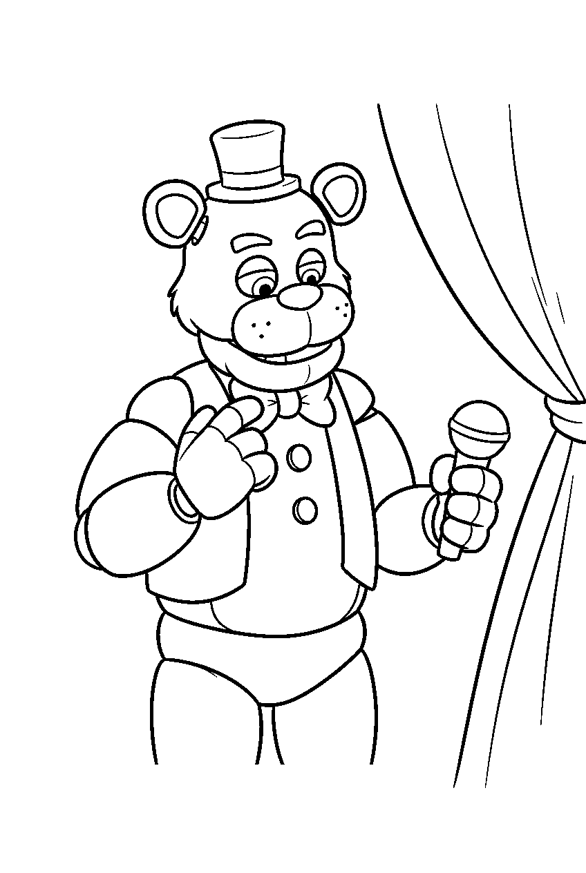 freddy fazbear holding his microphone while checking his bow tie beside the stage curtain line art