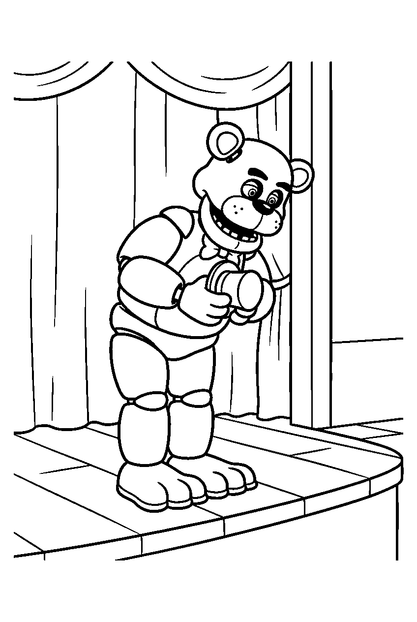 freddy fazbear holding his top hat to his chest while bowing on the performance stage line art