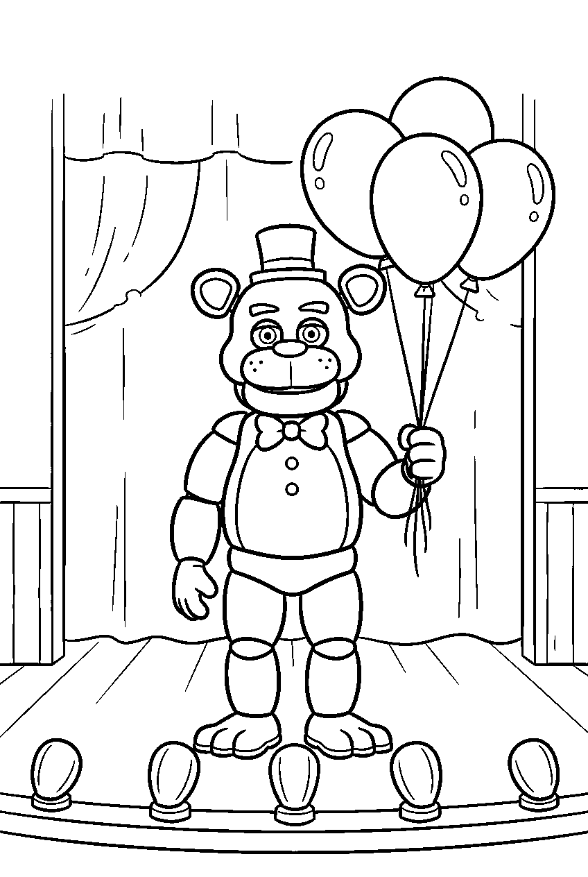 freddy fazbear holding three balloons beside the footlights on the birthday stage line art