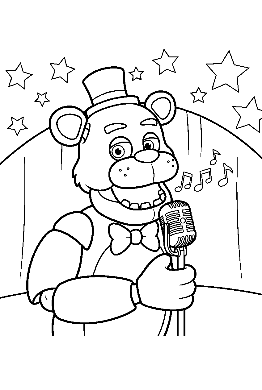 freddy fazbear leaning toward a microphone while singing beneath star stage decorations line art