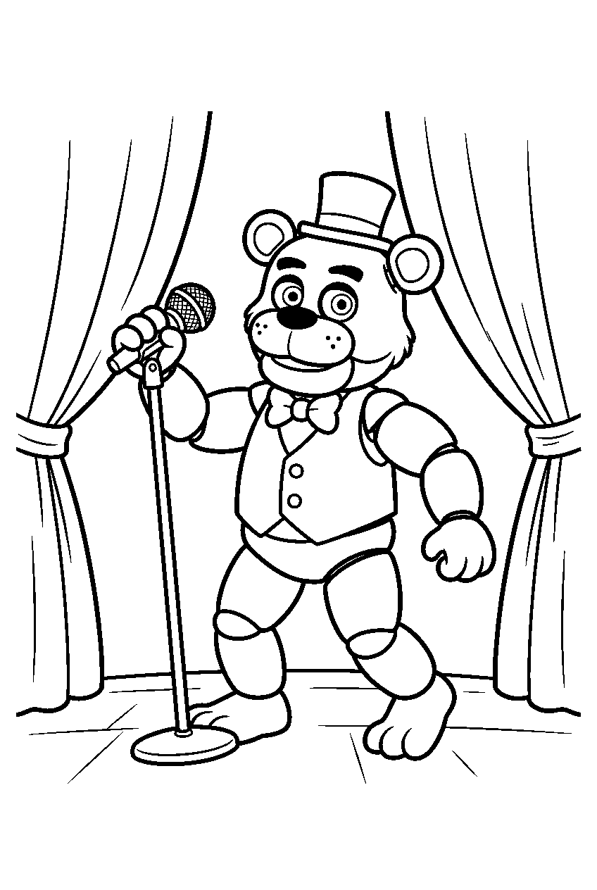 freddy fazbear lifting a microphone from its stand between the performance curtains line art
