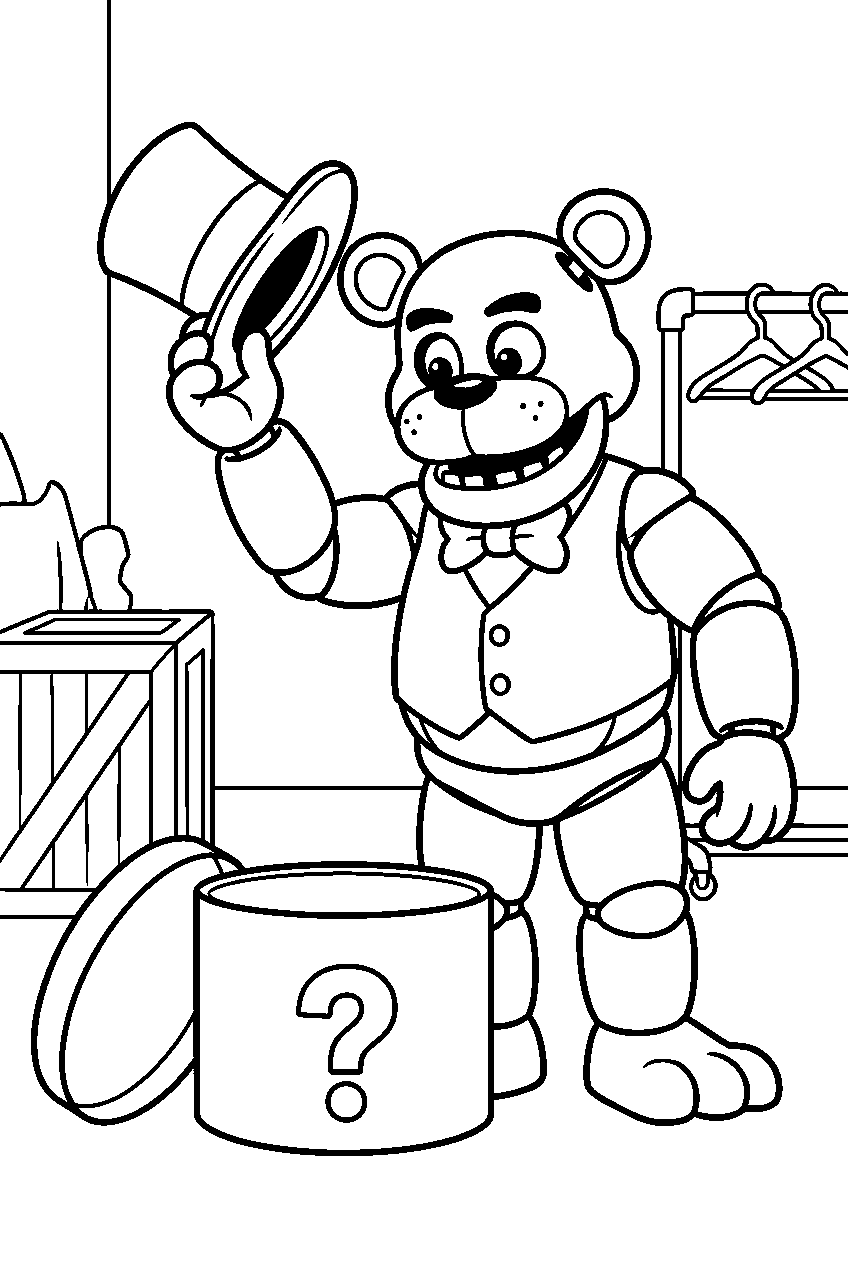 freddy fazbear lifting his top hat from a round hatbox in the pizzeria costume room line art