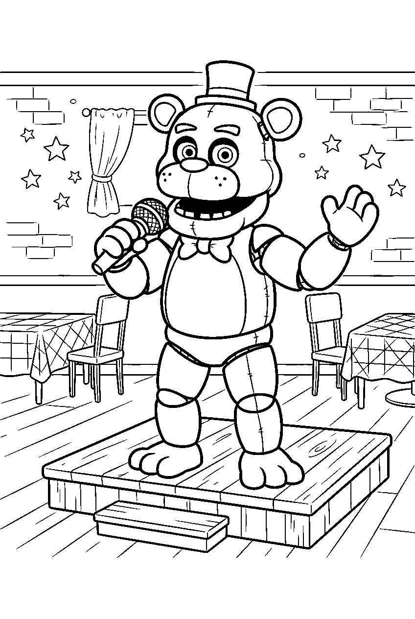 freddy fazbear performing with a microphone on a low platform near the pizzeria tables line art