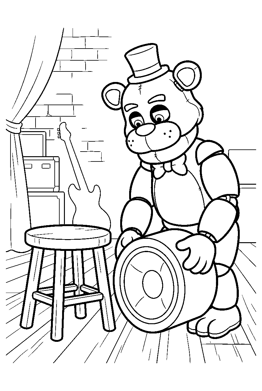 freddy fazbear placing a round speaker beside a rehearsal stool in the backstage music room line art