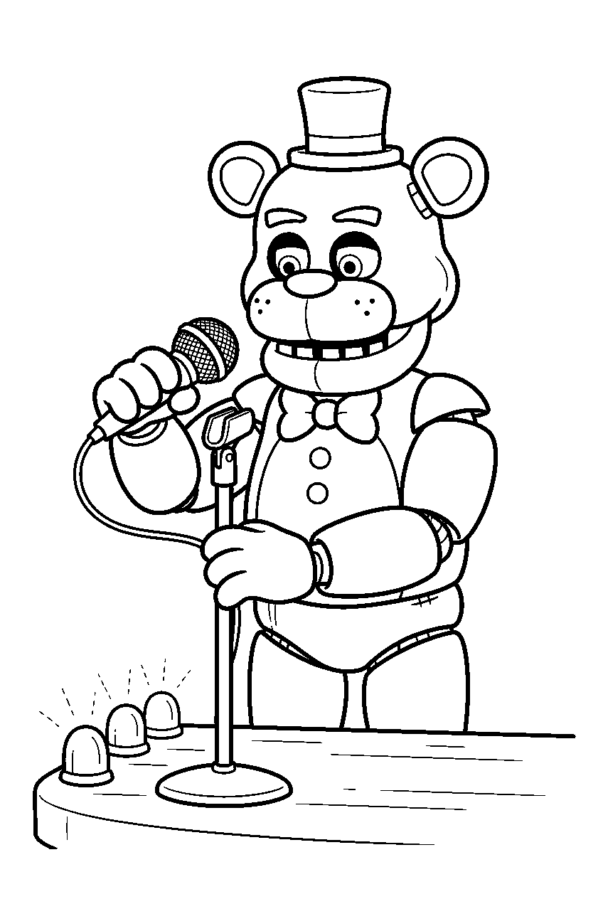 freddy fazbear placing his microphone into a stand beside the stage footlights line art