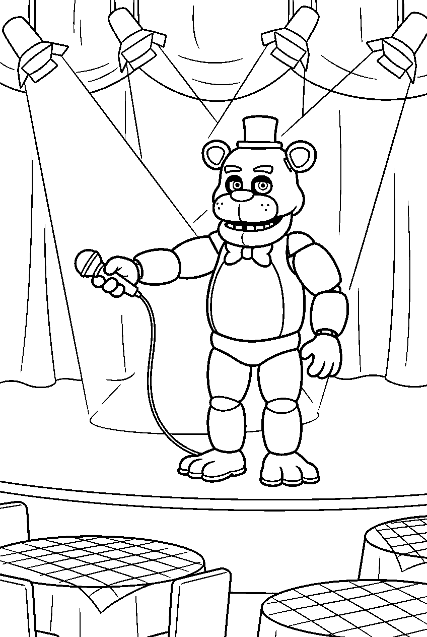 freddy fazbear pointing his microphone toward the dining tables beneath the stage lights line art