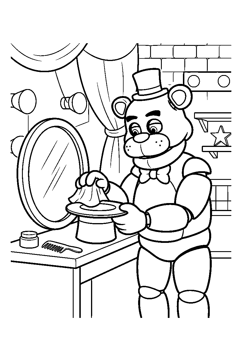 freddy fazbear polishing his top hat at a dressing table behind the main stage line art
