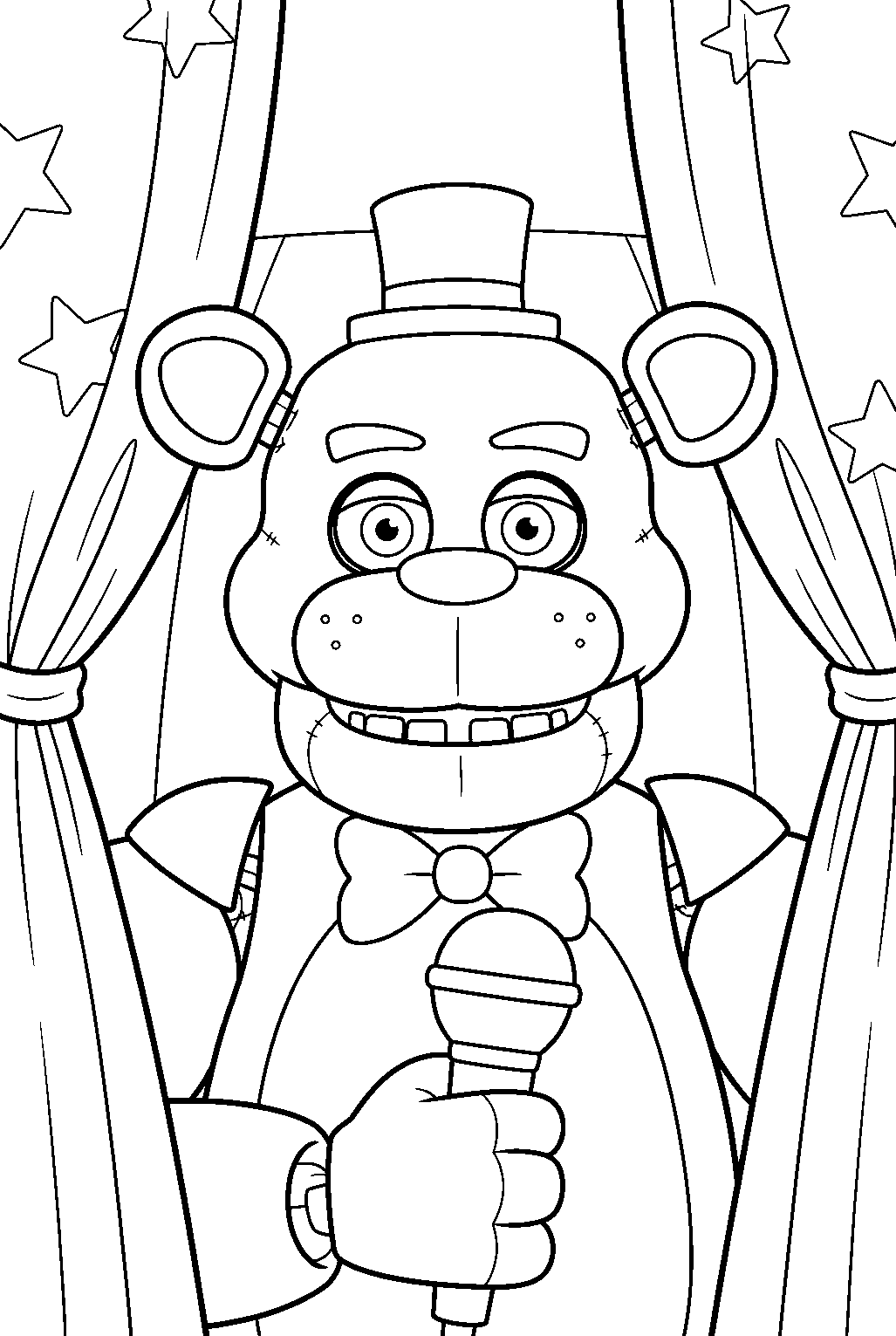 freddy fazbear posing for a close up with his microphone between the stage curtains line art