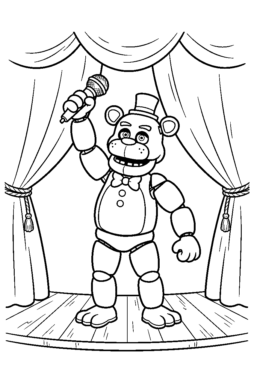 freddy fazbear raising his microphone after a performance in front of the main curtains line art