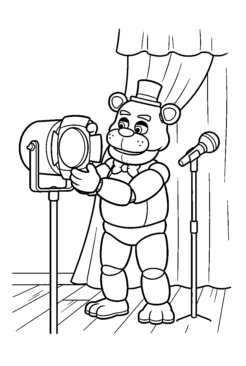 freddy fazbear rotating a round spotlight toward the microphone stand beside the main curtain line art