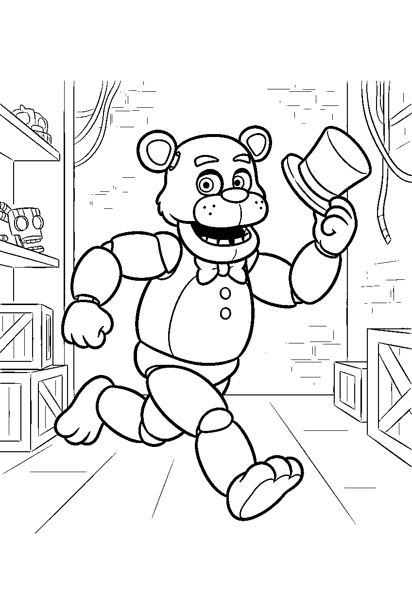 freddy fazbear running through the backstage corridor while holding his top hat line art